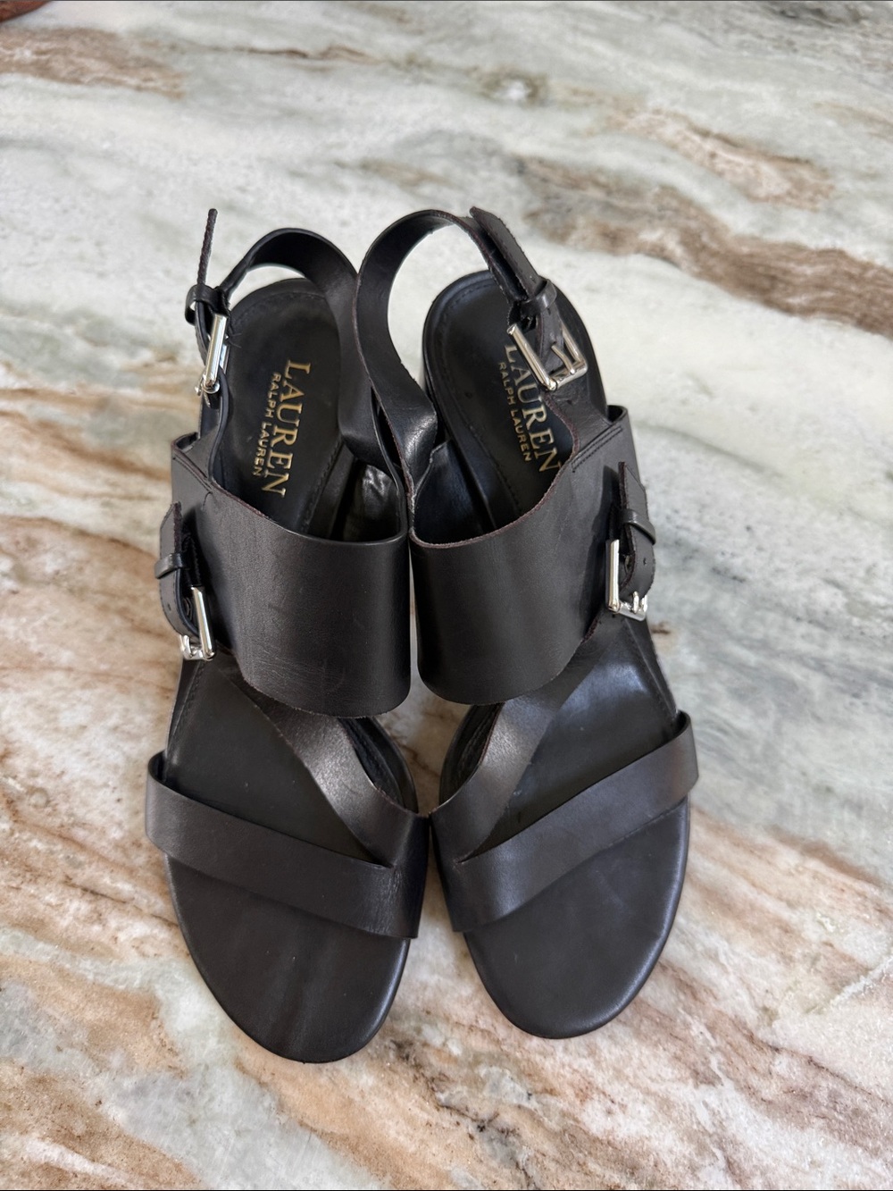 Lauren Ralph Lauren Black Leather Slingback Buckle Sandals